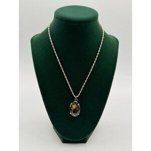 Vintage Germany Silver Tone Necklace With Multi Color Faceted Pendant